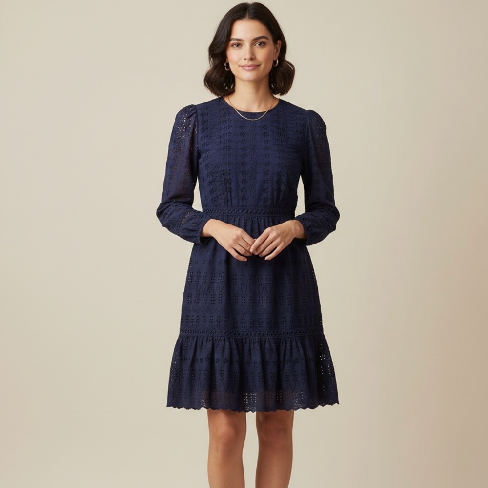 J. Crew Eyelet Lace Flutter Hem Dress Size 2 Navy Blue Preppy A Line